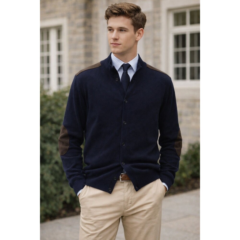 NWT J. McLaughlin Lambswool Cormac Cardigan Mens XL Leather Patch Detail Navy